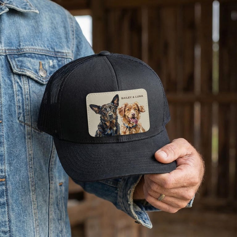 Custom Pet Portrait Leather Patch Hat, Artistic Style Trucker Hat, Dog Mom Dad Gift