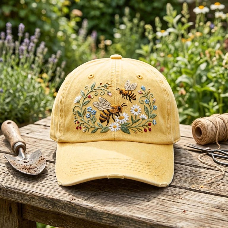 Embroidered Washed Cotton Cap with Bees and Flowers – One Size Fits Most