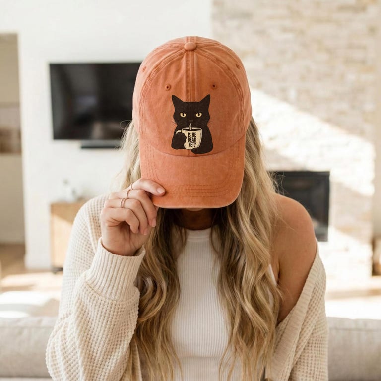 Is He Dead Yet Black Cat Hat, Funny Political Protest Cap, Subtle FDT, Resist and Persist, SP500 Pigment Dyed Cap, VC300A Dad Hat