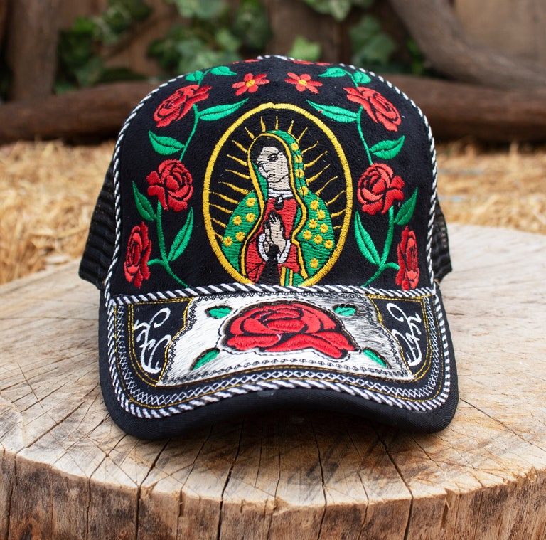 MENS Womens unisex VIRGEN de GUADALUPE Virgin Mary red rose embroidered adjustable trucker hat cap with cow hair patch