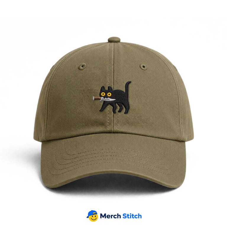 Premium Black Cat Embroidered Dad Hat – Stealthy Black Cat with Dagger Design Baseball Cap for Men & Women, Adjustable Classic Hat